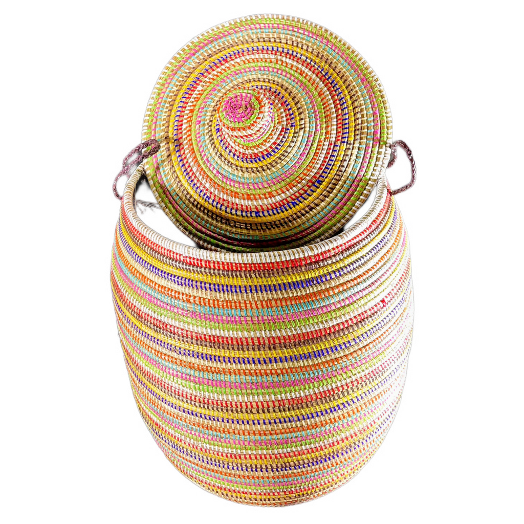 Panier XL #269 multicolore, en osier et plastique recyclé, vue sur couvercle