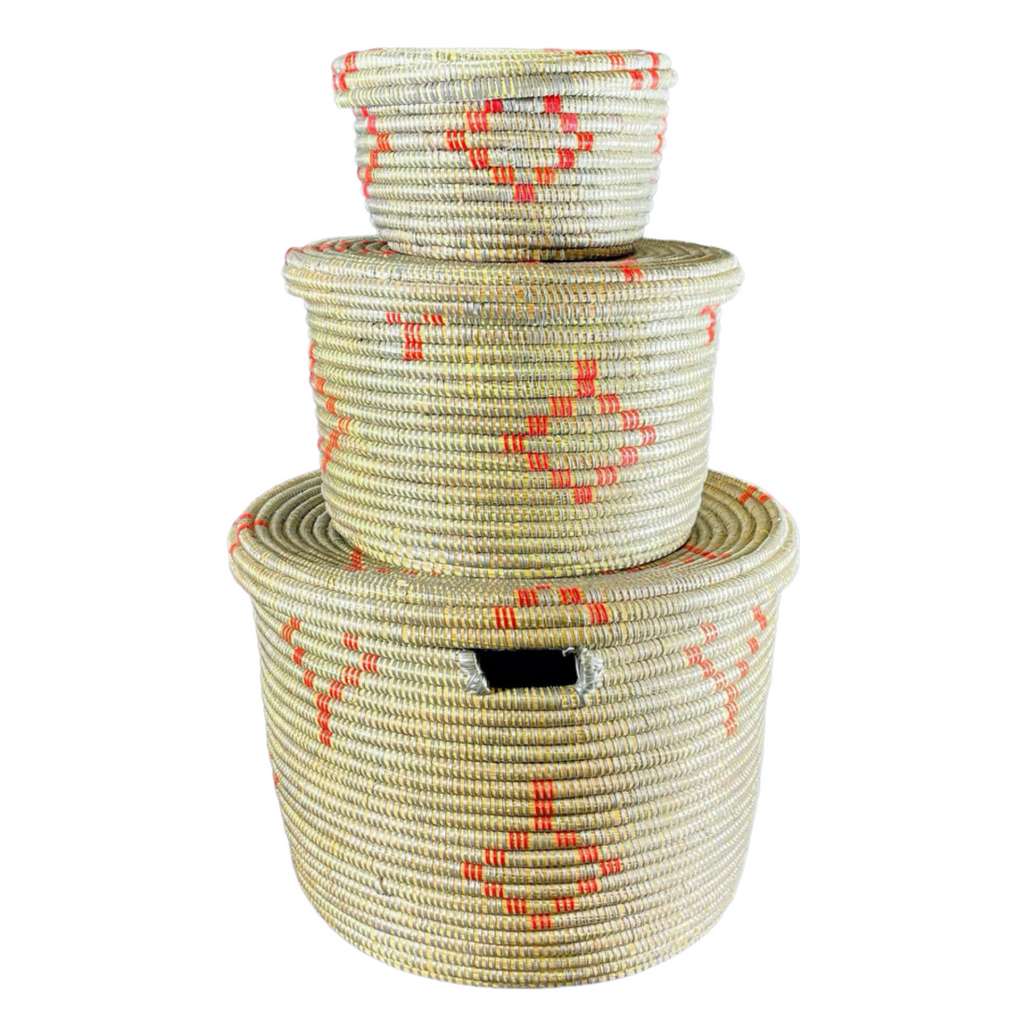 Trio de paniers #299 (L,M,S) en osier et plastique recyclé, beige/rouge