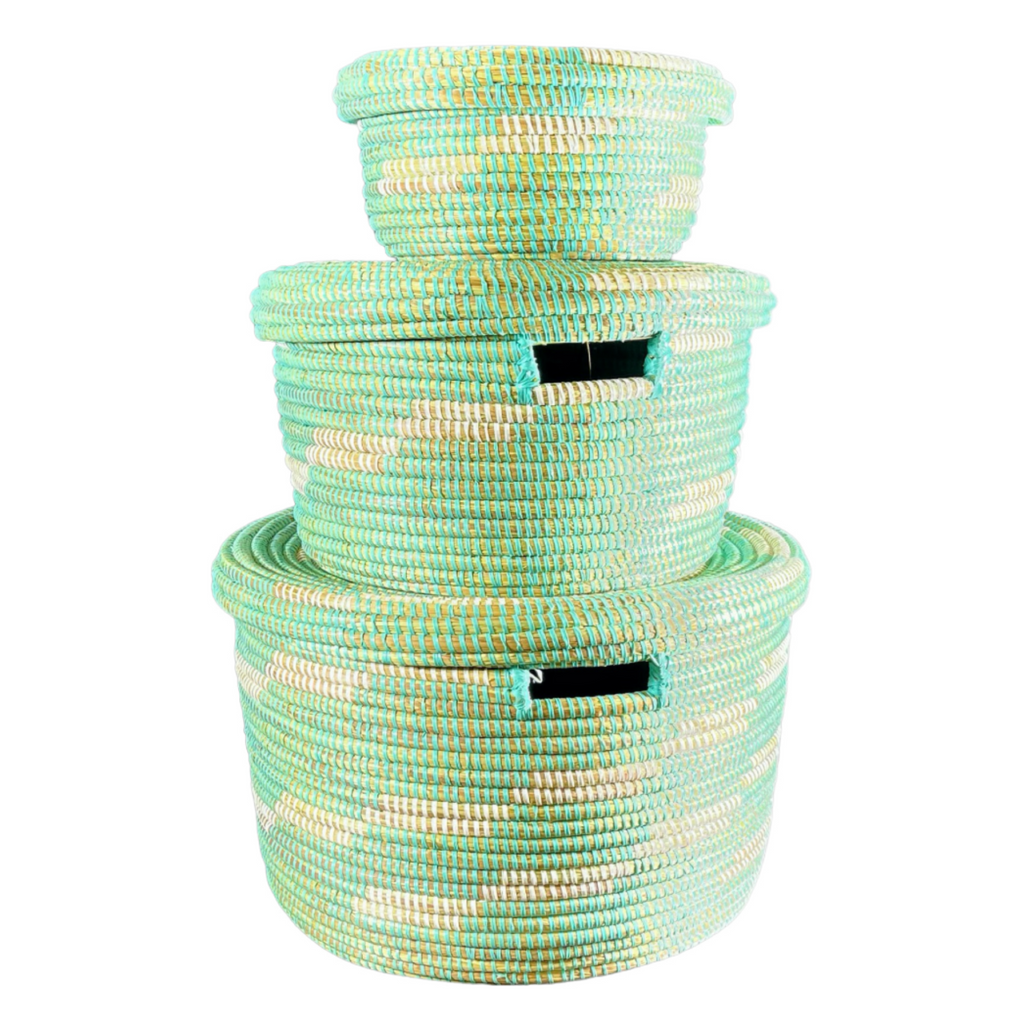 Trio de paniers #302 (L,M,S) en osier et plastique recyclé, turquoise beige