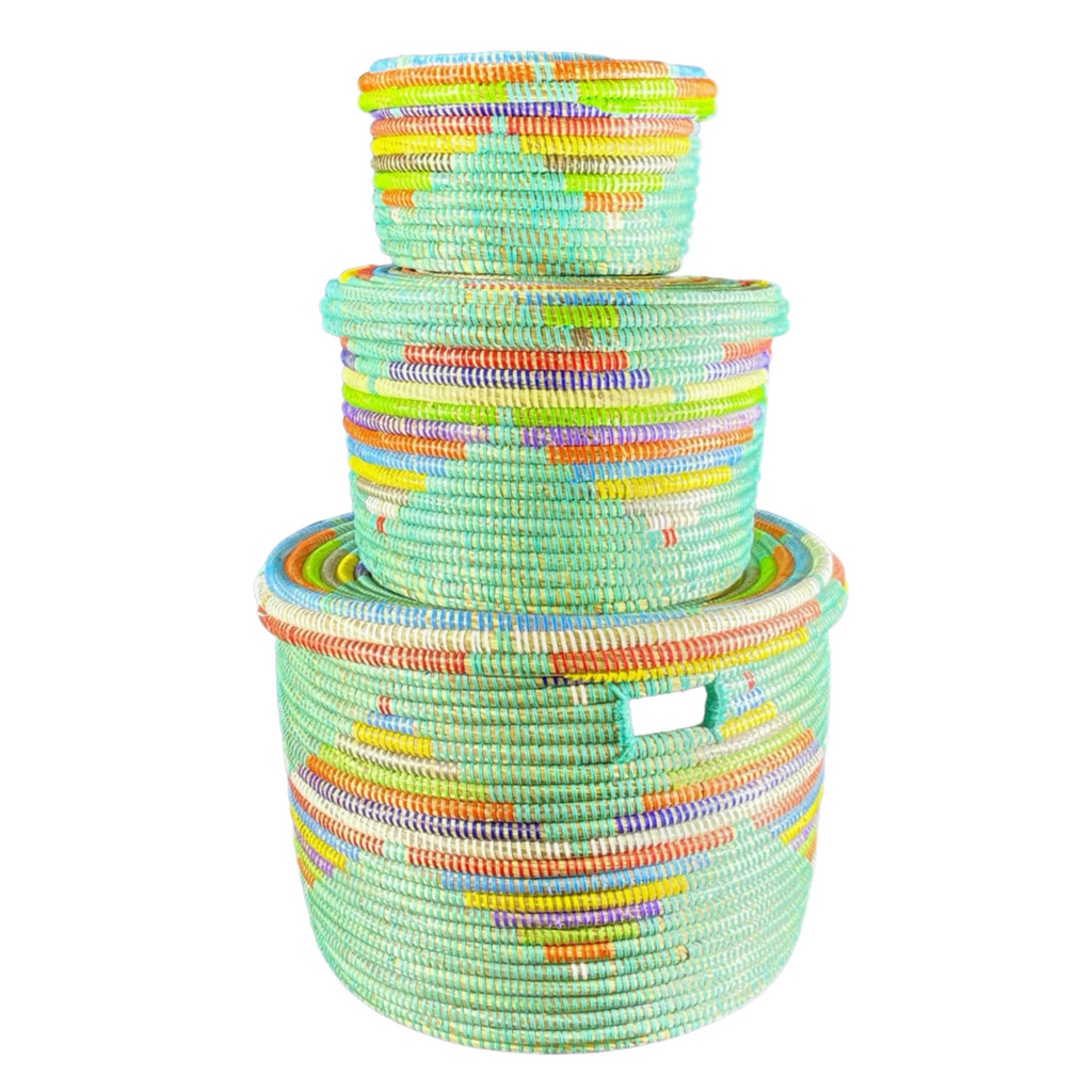 Trio de paniers #303 (L,M,S) en osier et plastique recyclé, multicolore